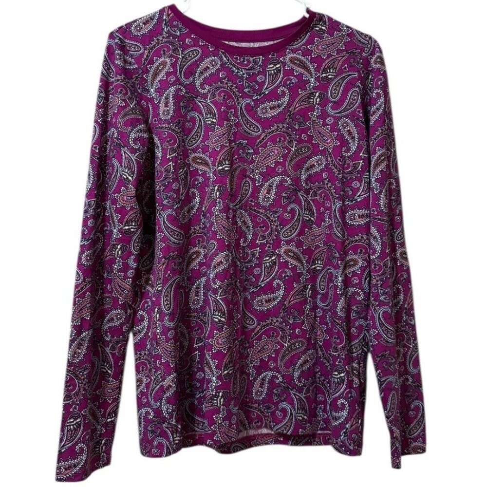 Lands End Women Shirt Size XS Maroon Paisley Round Neck Relaxed Fit Casual Relax